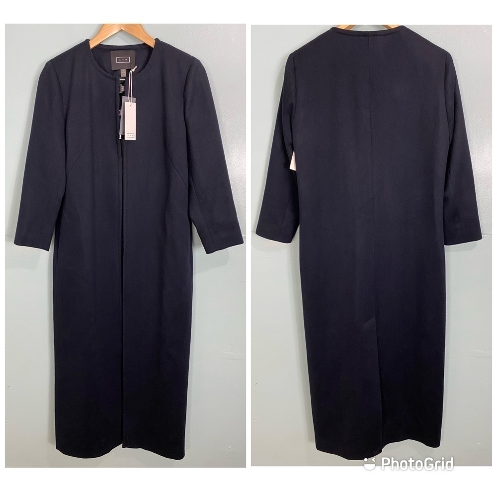 AYR Navy Blue Long Coat Wool Blend Academia City Sz L
